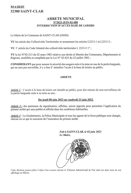 photo ARRÊTÉ  INTERDICTION ACCÈS BASE DE LOISIRS du 8 au 23 JUIN 2023.