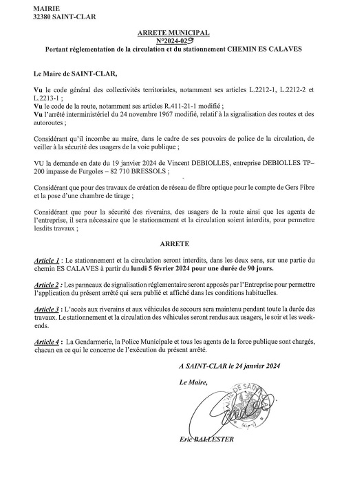 photo ARRETE de stationnement et circulation Chemin Es Calavès